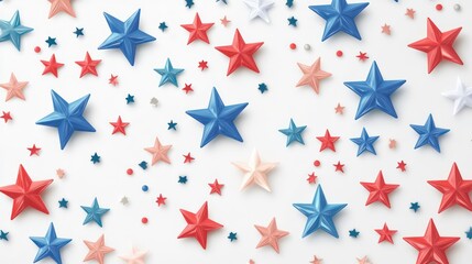 Festive stars pattern background. Red, blue, pink stars on white.