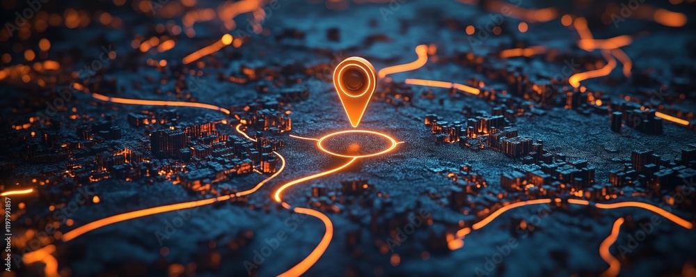 Aufkleber futuristic city map shows glowing location pin marking destination. urban tech routes, network of st