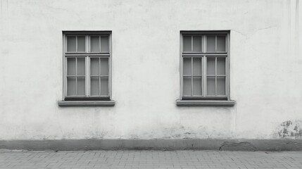 Fototapeta premium Two identical windows on a weathered, light gray wall.