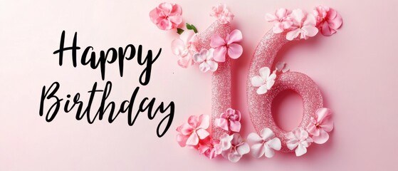 Naklejka premium Happy 16th Birthday Pink Glitter Number with Flowers Stock Photo