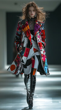 Runway Fashion Model in Bold Geometric Patchwork Coat and High Boots