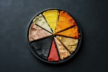 Fototapeta premium Eight different colorful food powders are displayed on a black plate, forming a perfect circle