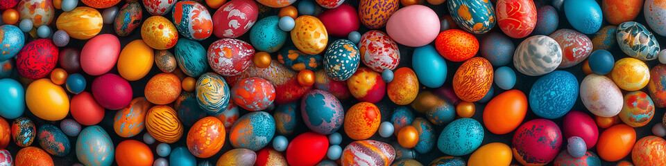 Fototapeta premium Happy Easter Decoration Background with Colorful Eggs and Festive Spring Vibes