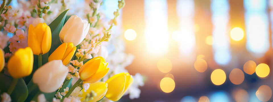 Flowers in church interior with bokeh background. Easter religious concept. Image for greeting card, banner with copy space.  - Powered by Adobe