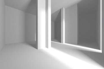 Modern minimalist interior design with sunlit shadows and geometric structures. 3d render