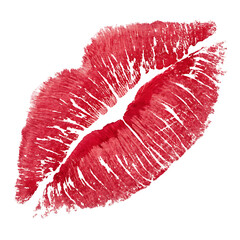 Close-up of a passionate red lipstick kiss mark on transparent background
