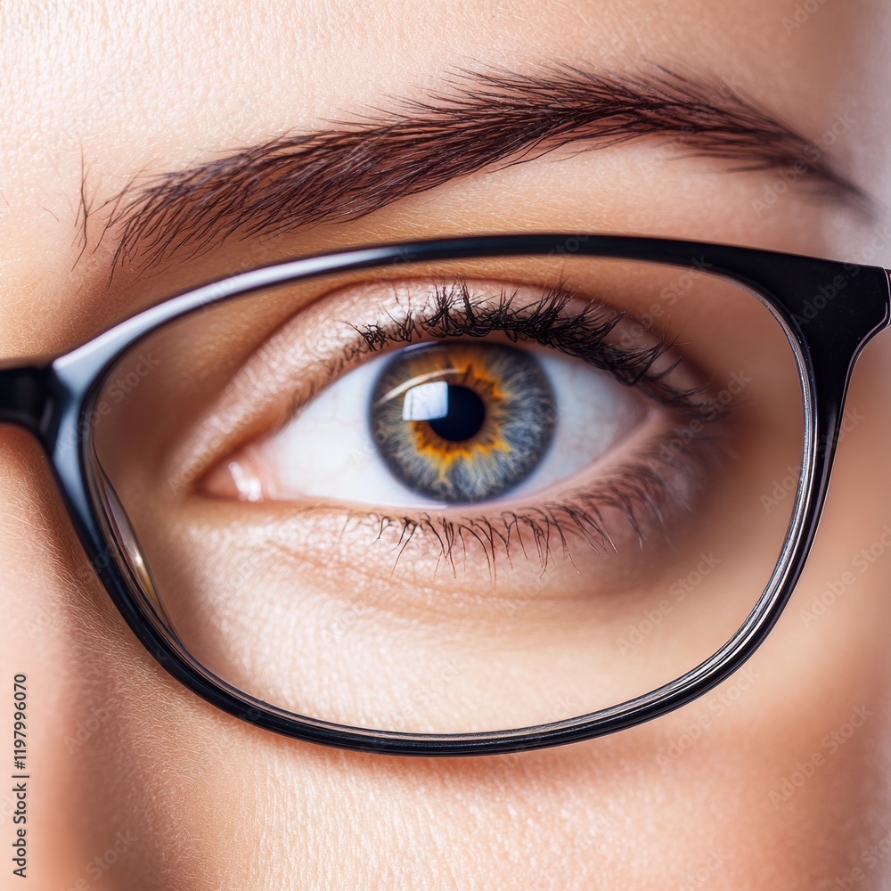 Leinwandbilder close up view of a human eye with glasses showcasing detailed iris patterns and reflection in bright