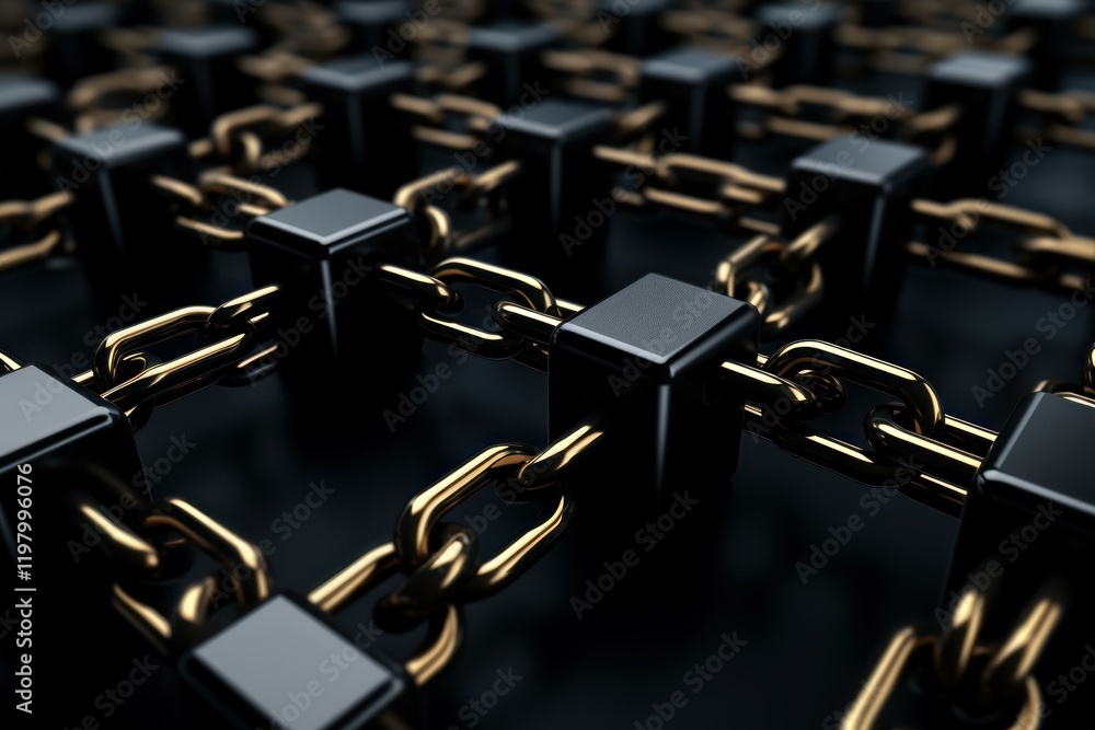 Poster golden chains connecting black blocks representing blockchain technology ensuring secure data transm