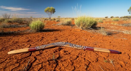 Boomerang on red desert land with shrubs and trees under blue sky