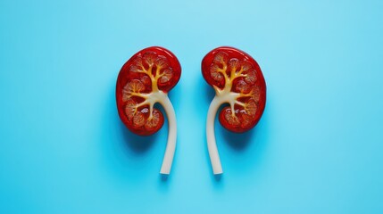 Decorative model of human kidneys on a pastel blue background. 