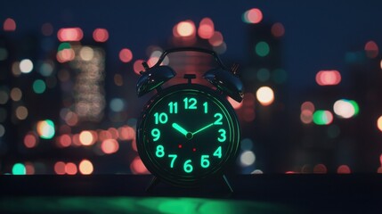 A classic alarm clock glows with an ethereal green light against a backdrop of a city at night. The bokeh effect emphasizes the urban setting and creates a calm, mysterious mood.