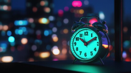 A glowing teal alarm clock sits on a surface against a backdrop of a blurry city nightscape. The vibrant colors and soft glow create a calm yet captivating scene.