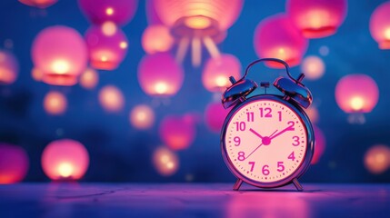 A classic alarm clock sits bathed in the soft glow of pink and purple floating lights.  A magical, dreamy scene.