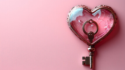 Minimalist design of a heart-shaped key and lock, isolated on a neutral pastel background. Bright lighting, contrast with copy space for text