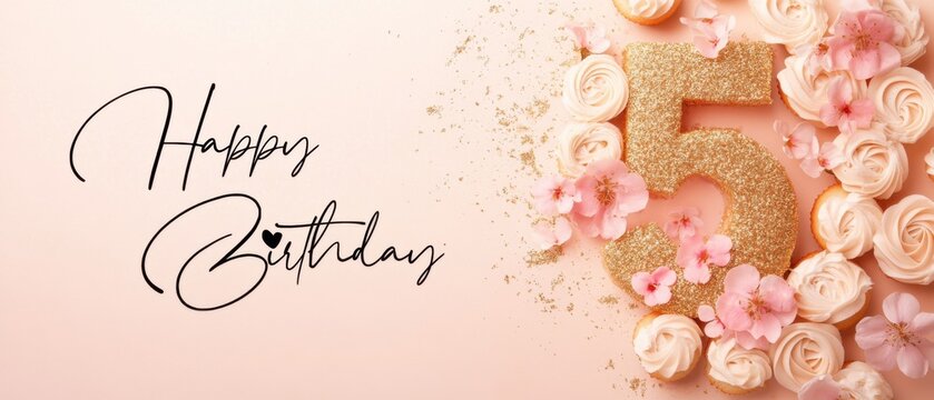 Fotohintergrund „Happy 5th Birthday“ – 120x180 Cm, Schwarz/gold, Für Geburtstags-Partys