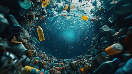 Swirling vortex of ocean plastic waste. Marine pollution crisis and environmental conservation awareness campaigns.
