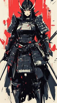 Fierce warrior in traditional armor stands ready for battle with swords drawn in striking red splatter background