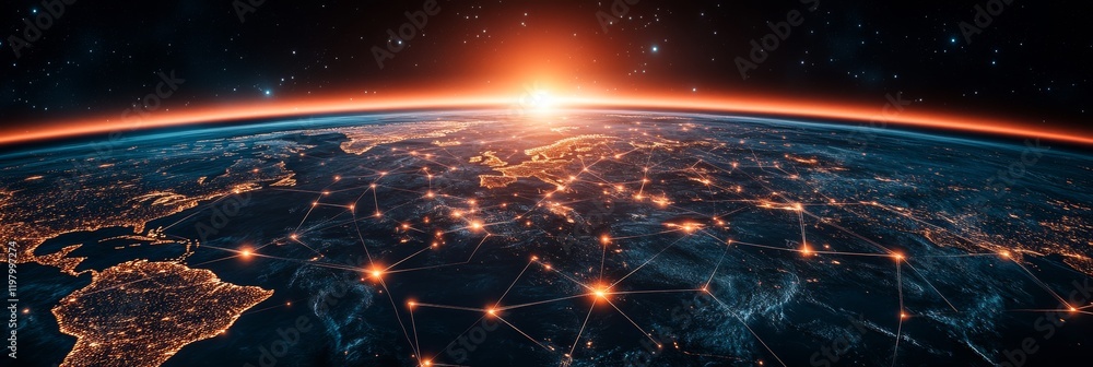 Poster global network connections across illuminated world map symbolizing technology and communication