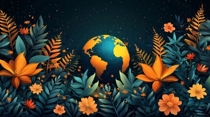 Modern groovy nature background. Earth Day concept featuring a globe, recycling symbol, and flower in a groovy style illustration for web, banner, campaign, and social media