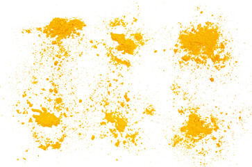 Set turmeric scattered powder pile isolated on white, flying and clipping