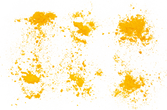 Set turmeric scattered powder pile isolated on white, flying and clipping