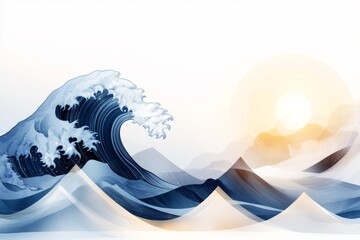 A 2D flat illustration of a wave cresting elegantly, with bold lines and soft blue tones set against a clean white background