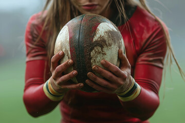 Woman athlete holds rugby ball ready for play. Focused sportswoman in red activewear. Active sport moment. Team play or practice. Physical activity. Sport. Fitness. Rugby. Woman rugby player.