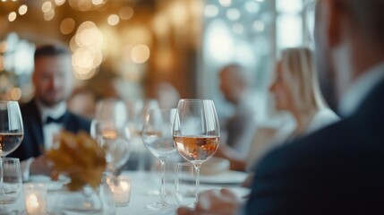 Obraz premium Professionals socialize over dinner. Formal setting. Business people engage. Upscale ambiance. Collaborative environment. Networking. Conversation. Learning. Growth. Future plans. Successful people