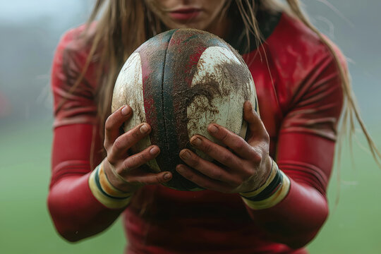 Woman athlete holds rugby ball ready for play. Focused sportswoman in red activewear. Active sport moment. Team play or practice. Physical activity. Sport. Fitness. Rugby. Woman rugby player.