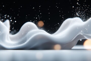 A 3D-rendered wave frozen mid-crash, with translucent water catching dynamic light and foam particles adding texture