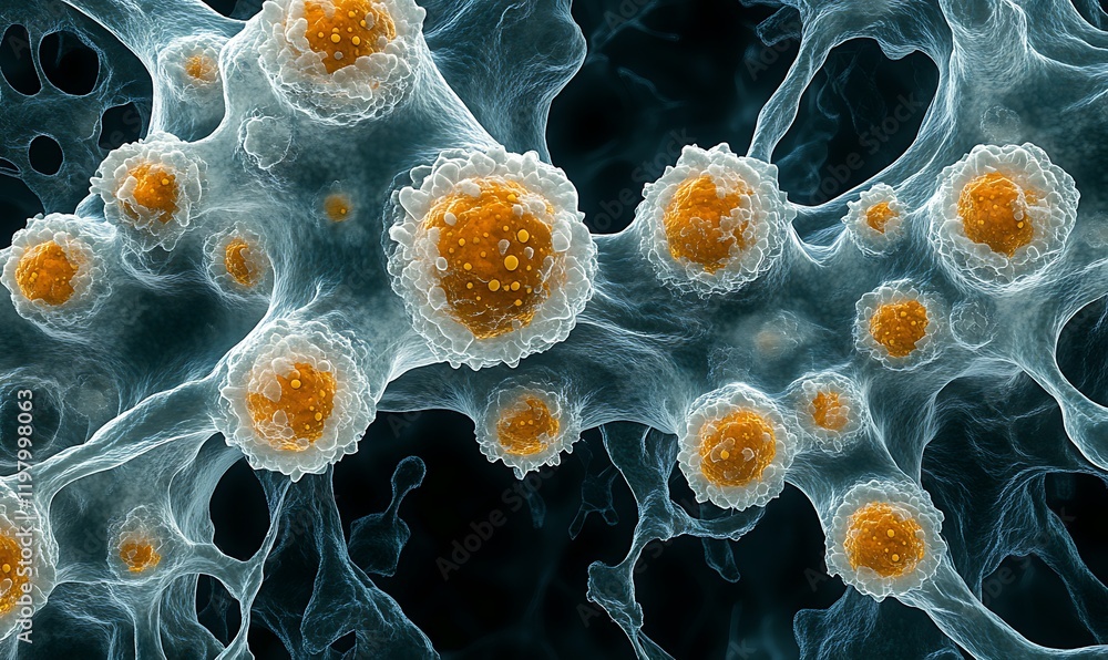 Poster microscopic view of cellular network with orange cells in blue structure