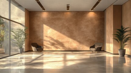 nice designed luxury living room with warm brown and beige tones with empty microcement background for art, creating a mockup room suitable for an office
