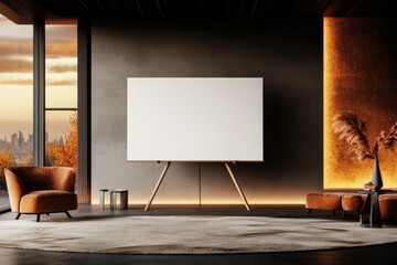 A blank whiteboard on an adjustable stand, ready for use in a conference room with sleek, modern furnishings