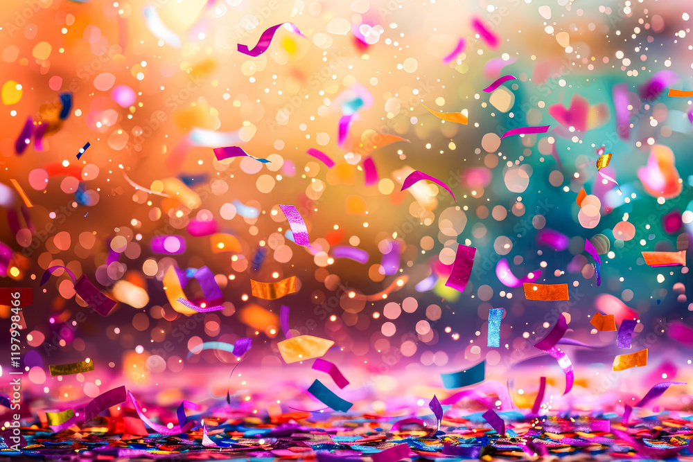 Poster colorful explosion of confetti is falling from the sky. the confetti is in various colors and sizes,