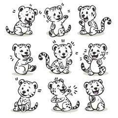 Nine Cute Snow Leopard Cubs Posing, White Background, Childrens Book Illustration