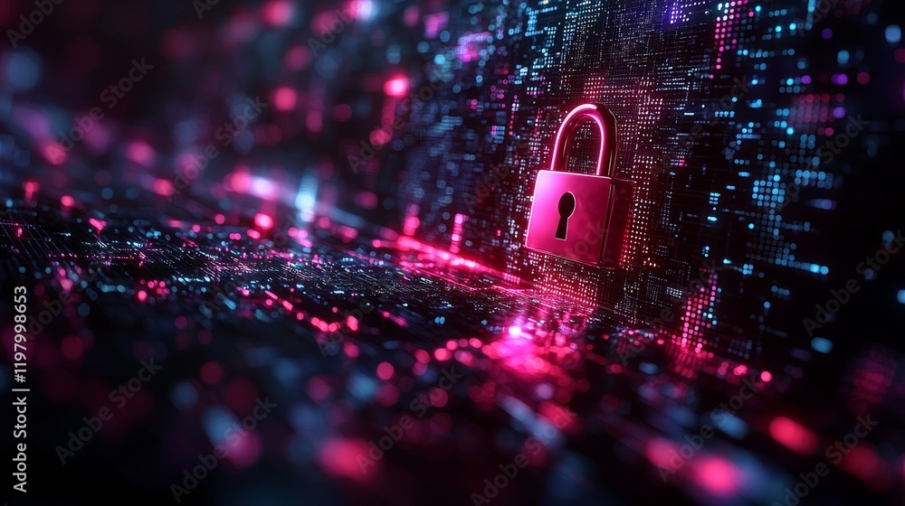 Poster a glowing lock symbol on a digital background signifies cybersecurity and data protection in a futur
