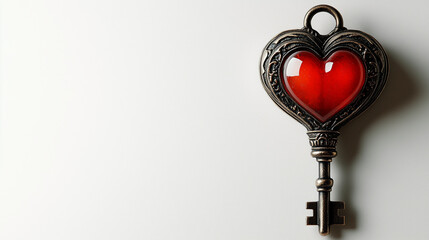 Heart-shaped lock and key with a minimalist design, isolated on white. Bright lighting, contrast with copy space for text