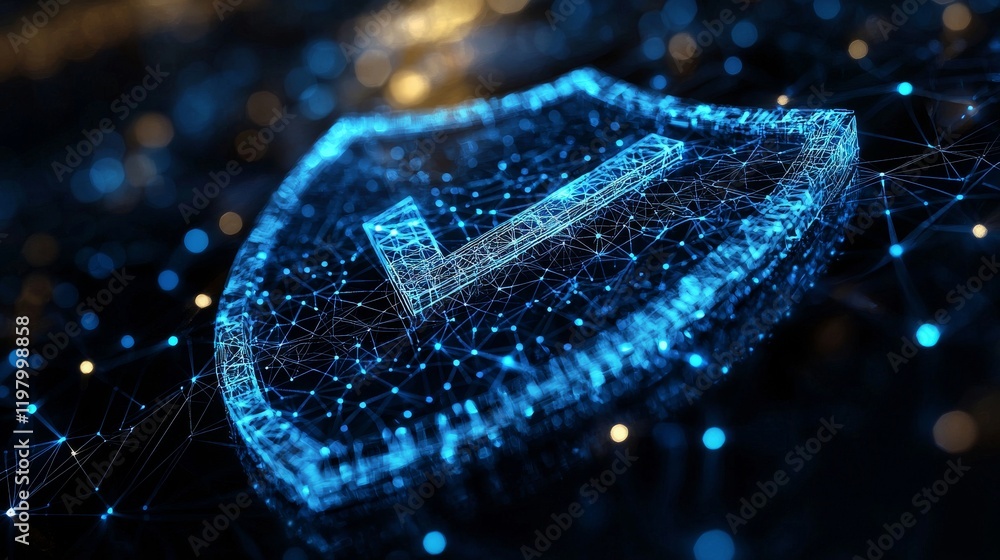 Poster a secure cybersecurity symbol is visualized as a dark blue wireframe shield with a checkmark emblem,