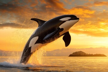 Fototapeta premium A breaching orca in mid-air, with droplets of water suspended around it and a rocky shoreline in the distance