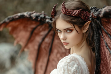 Jeune femme elfe avec des ailes de dragon et des cornes