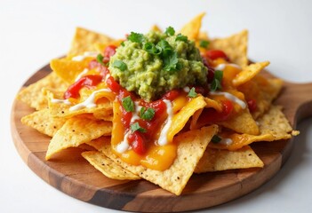 Delicious Nachos Topped With Guacamole and Salsa Served on a Wooden Platter