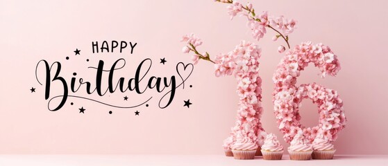 Sweet Sixteen Birthday: Pink Floral Number 16 with Cupcakes and Happy Birthday Wishes