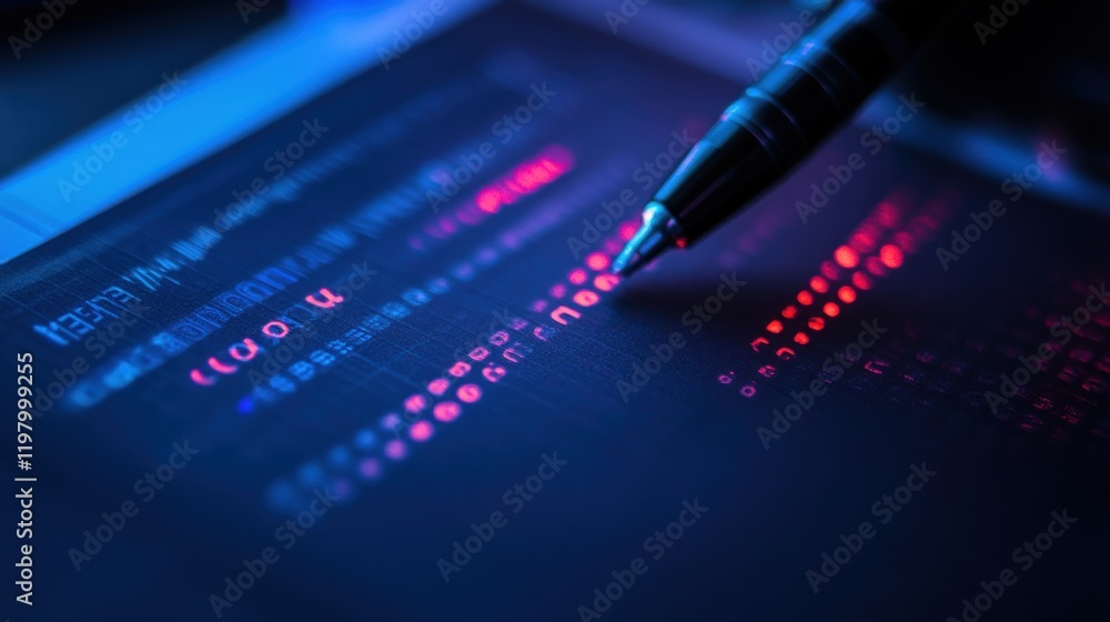 Poster close-up of a pen pointing at a red and blue illuminated data sheet