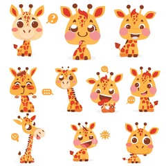 Obraz premium Cute cartoon giraffe emojis, various expressions, white background, digital illustration, perfect for kids' apps