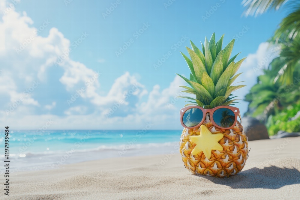 Poster cheerful pineapple wearing sunglasses enjoys a sunny beach day with clear blue skies and palm trees 