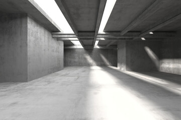 Minimalist concrete interior design with sunlight casting shadows. 3d render