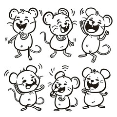 Six happy cartoon mice dancing, singing, and playing on white background, for children's book illustration