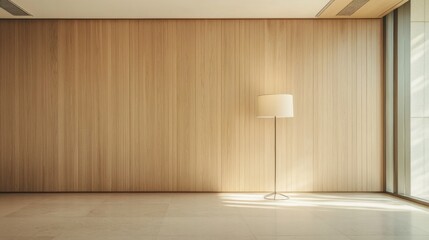Minimalist interior design wooden wall, floor lamp, sunlight.