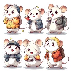 Adorable Mice in Various Outfits, Poses & Backpacks, White Background, Cartoon Style, Ideal for Children's Books