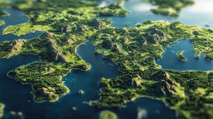 "Aerial view of a map with east, west, north, and south clearly marked, rich in detail